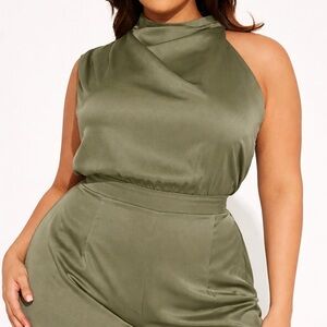 Olive High-Neck Satin Jumpsuit